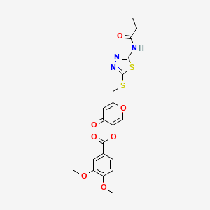 molecular formula C20H19N3O7S2 B2907533 4-oxo-6-(((5-propionamido-1,3,4-thiadiazol-2-yl)thio)methyl)-4H-pyran-3-yl 3,4-dimethoxybenzoate CAS No. 877650-55-0