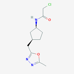 molecular formula C11H16ClN3O2 B2907613 2-Chloro-N-[(1S,3R)-3-[(5-methyl-1,3,4-oxadiazol-2-yl)methyl]cyclopentyl]acetamide CAS No. 2411178-55-5