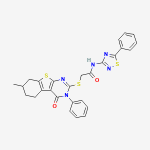 molecular formula C27H23N5O2S3 B2907674 2-[(7-methyl-4-oxo-3-phenyl-5,6,7,8-tetrahydro-[1]benzothiolo[2,3-d]pyrimidin-2-yl)sulfanyl]-N-(5-phenyl-1,2,4-thiadiazol-3-yl)acetamide CAS No. 670273-23-1