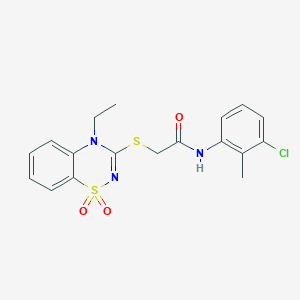 molecular formula C18H18ClN3O3S2 B2907686 N-(3-chloro-2-methylphenyl)-2-((4-ethyl-1,1-dioxido-4H-benzo[e][1,2,4]thiadiazin-3-yl)thio)acetamide CAS No. 941924-14-7