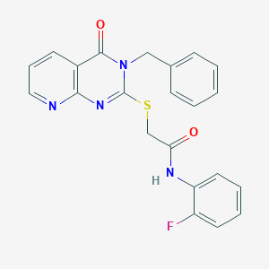 molecular formula C22H17FN4O2S B2907689 2-((3-benzyl-4-oxo-3,4-dihydropyrido[2,3-d]pyrimidin-2-yl)thio)-N-(2-fluorophenyl)acetamide CAS No. 902910-54-7