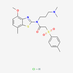molecular formula C23H30ClN3O4S2 B2907695 N-(3-(dimethylamino)propyl)-N-(4-methoxy-7-methylbenzo[d]thiazol-2-yl)-2-tosylacetamide hydrochloride CAS No. 1215693-94-9
