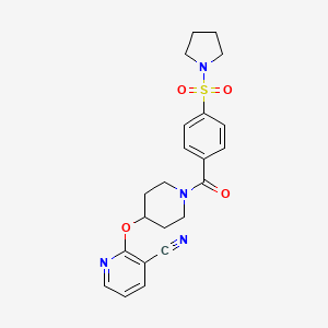molecular formula C22H24N4O4S B2907899 2-((1-(4-(Pyrrolidin-1-ylsulfonyl)benzoyl)piperidin-4-yl)oxy)nicotinonitrile CAS No. 1797861-91-6