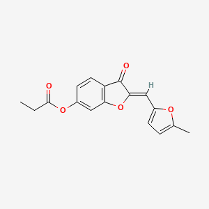 molecular formula C17H14O5 B2907908 (Z)-2-((5-methylfuran-2-yl)methylene)-3-oxo-2,3-dihydrobenzofuran-6-yl propionate CAS No. 622359-21-1