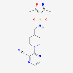 molecular formula C16H20N6O3S B2907914 N-((1-(3-cyanopyrazin-2-yl)piperidin-4-yl)methyl)-3,5-dimethylisoxazole-4-sulfonamide CAS No. 1797956-22-9