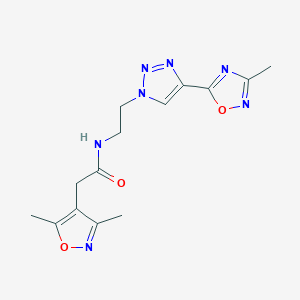 molecular formula C14H17N7O3 B2907970 2-(3,5-dimethylisoxazol-4-yl)-N-(2-(4-(3-methyl-1,2,4-oxadiazol-5-yl)-1H-1,2,3-triazol-1-yl)ethyl)acetamide CAS No. 2034535-02-7
