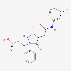 molecular formula C20H18FN3O5 B2908042 3-(1-(2-((3-Fluorophenyl)amino)-2-oxoethyl)-2,5-dioxo-4-phenylimidazolidin-4-yl)propanoic acid CAS No. 941913-06-0