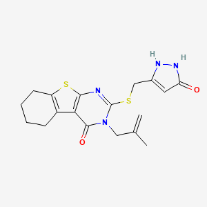 molecular formula C18H20N4O2S2 B2908068 3-(2-Methylprop-2-enyl)-2-[(5-oxo-1,2-dihydropyrazol-3-yl)methylsulfanyl]-5,6,7,8-tetrahydro-[1]benzothiolo[2,3-d]pyrimidin-4-one CAS No. 956397-01-6