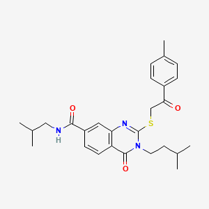 molecular formula C27H33N3O3S B2908081 N-isobutyl-3-isopentyl-4-oxo-2-((2-oxo-2-(p-tolyl)ethyl)thio)-3,4-dihydroquinazoline-7-carboxamide CAS No. 1113136-07-4