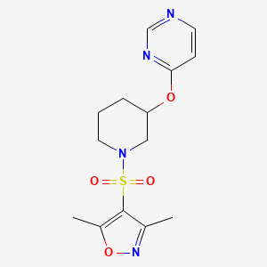 molecular formula C14H18N4O4S B2908099 3,5-Dimethyl-4-((3-(pyrimidin-4-yloxy)piperidin-1-yl)sulfonyl)isoxazole CAS No. 2034399-81-8