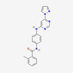 molecular formula C21H18N6O B2908130 N-(4-((6-(1H-pyrazol-1-yl)pyrimidin-4-yl)amino)phenyl)-2-methylbenzamide CAS No. 1169950-67-7