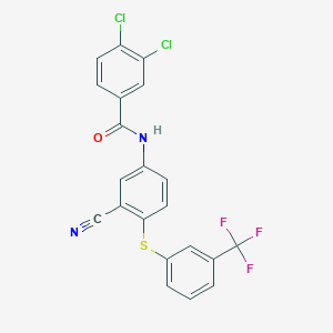 molecular formula C21H11Cl2F3N2OS B2908134 3,4-dichloro-N-(3-cyano-4-{[3-(trifluoromethyl)phenyl]sulfanyl}phenyl)benzenecarboxamide CAS No. 477866-66-3
