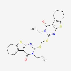 molecular formula C27H28N4O2S4 B2908161 2-[(4-Oxo-3-prop-2-enyl-5,6,7,8-tetrahydro-[1]benzothiolo[2,3-d]pyrimidin-2-yl)sulfanylmethylsulfanyl]-3-prop-2-enyl-5,6,7,8-tetrahydro-[1]benzothiolo[2,3-d]pyrimidin-4-one CAS No. 380338-18-1