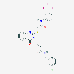 molecular formula C28H24ClF3N4O3S B2908192 N-[(3-chlorophenyl)methyl]-4-[4-oxo-2-[2-oxo-2-[3-(trifluoromethyl)anilino]ethyl]sulfanylquinazolin-3-yl]butanamide CAS No. 451464-83-8