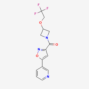 molecular formula C14H12F3N3O3 B2908240 (5-(Pyridin-3-yl)isoxazol-3-yl)(3-(2,2,2-trifluoroethoxy)azetidin-1-yl)methanone CAS No. 2034268-90-9