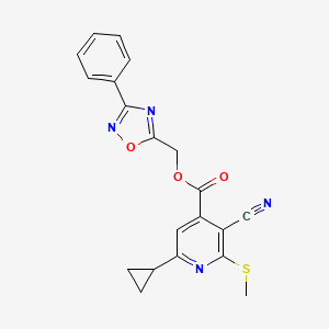 molecular formula C20H16N4O3S B2908269 (3-Phenyl-1,2,4-oxadiazol-5-yl)methyl 3-cyano-6-cyclopropyl-2-(methylsulfanyl)pyridine-4-carboxylate CAS No. 1090635-08-7
