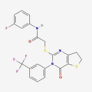 molecular formula C21H15F4N3O2S2 B2908313 N-(3-fluorophenyl)-2-((4-oxo-3-(3-(trifluoromethyl)phenyl)-3,4,6,7-tetrahydrothieno[3,2-d]pyrimidin-2-yl)thio)acetamide CAS No. 877654-17-6