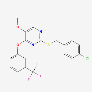 molecular formula C19H14ClF3N2O2S B2908339 2-((4-Chlorobenzyl)sulfanyl)-5-methoxy-4-pyrimidinyl 3-(trifluoromethyl)phenyl ether CAS No. 338423-07-7