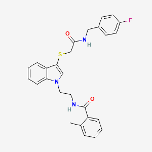 molecular formula C27H26FN3O2S B2908358 N-(2-(3-((2-((4-fluorobenzyl)amino)-2-oxoethyl)thio)-1H-indol-1-yl)ethyl)-2-methylbenzamide CAS No. 851412-95-8
