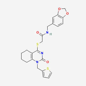 molecular formula C23H23N3O4S2 B2908379 N-(benzo[d][1,3]dioxol-5-ylmethyl)-2-((2-oxo-1-(thiophen-2-ylmethyl)-1,2,5,6,7,8-hexahydroquinazolin-4-yl)thio)acetamide CAS No. 899955-28-3