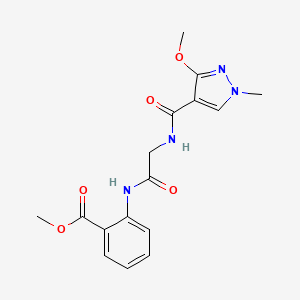 molecular formula C16H18N4O5 B2908400 methyl 2-(2-(3-methoxy-1-methyl-1H-pyrazole-4-carboxamido)acetamido)benzoate CAS No. 1251658-28-2