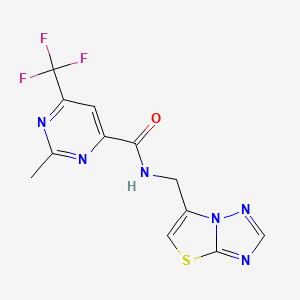 molecular formula C12H9F3N6OS B2908423 2-Methyl-N-([1,3]thiazolo[3,2-b][1,2,4]triazol-6-ylmethyl)-6-(trifluoromethyl)pyrimidine-4-carboxamide CAS No. 2415462-16-5