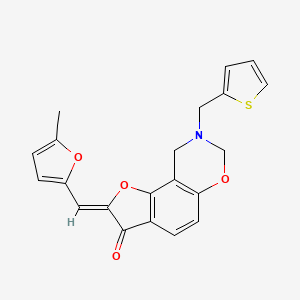 molecular formula C21H17NO4S B2908465 (Z)-2-((5-methylfuran-2-yl)methylene)-8-(thiophen-2-ylmethyl)-8,9-dihydro-2H-benzofuro[7,6-e][1,3]oxazin-3(7H)-one CAS No. 929866-58-0