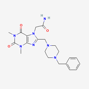 molecular formula C21H27N7O3 B2908489 2-{8-[(4-benzylpiperazin-1-yl)methyl]-1,3-dimethyl-2,6-dioxo-1,2,3,6-tetrahydro-7H-purin-7-yl}acetamide CAS No. 851940-86-8