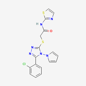 molecular formula C17H13ClN6OS2 B2908512 2-{[5-(2-chlorophenyl)-4-(1H-pyrrol-1-yl)-4H-1,2,4-triazol-3-yl]sulfanyl}-N-(1,3-thiazol-2-yl)acetamide CAS No. 886931-80-2