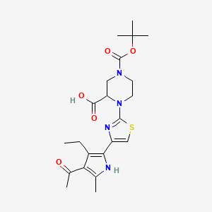 molecular formula C22H30N4O5S B2908529 1-[4-(4-Acetyl-3-ethyl-5-methyl-1H-pyrrol-2-yl)-1,3-thiazol-2-yl]-4-[(2-methylpropan-2-yl)oxycarbonyl]piperazine-2-carboxylic acid CAS No. 2416235-37-3