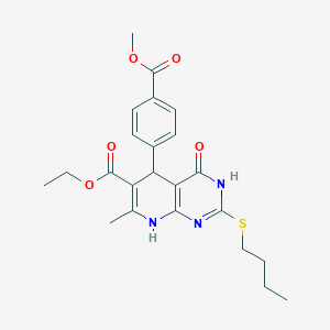 molecular formula C23H27N3O5S B2908575 Ethyl 2-(butylthio)-5-(4-(methoxycarbonyl)phenyl)-7-methyl-4-oxo-3,4,5,8-tetrahydropyrido[2,3-d]pyrimidine-6-carboxylate CAS No. 878123-40-1