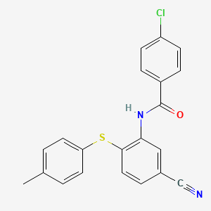 molecular formula C21H15ClN2OS B2908583 4-chloro-N-{5-cyano-2-[(4-methylphenyl)sulfanyl]phenyl}benzenecarboxamide CAS No. 303147-05-9