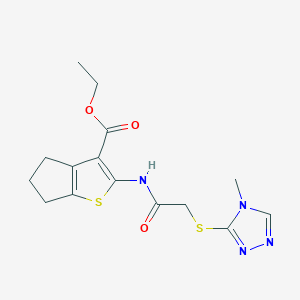 molecular formula C15H18N4O3S2 B2908628 ethyl 2-(2-((4-methyl-4H-1,2,4-triazol-3-yl)thio)acetamido)-5,6-dihydro-4H-cyclopenta[b]thiophene-3-carboxylate CAS No. 350844-84-7