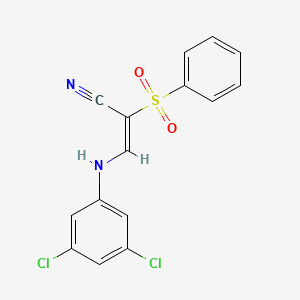 molecular formula C15H10Cl2N2O2S B2908675 3-((3,5-Dichlorophenyl)amino)-2-(phenylsulfonyl)prop-2-enenitrile CAS No. 1025135-08-3