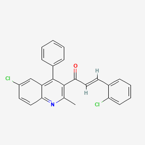 molecular formula C25H17Cl2NO B2908700 (E)-1-(6-chloro-2-methyl-4-phenylquinolin-3-yl)-3-(2-chlorophenyl)prop-2-en-1-one CAS No. 1636136-96-3