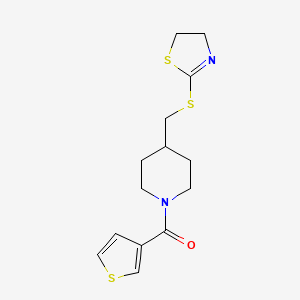 molecular formula C14H18N2OS3 B2908718 (4-(((4,5-Dihydrothiazol-2-yl)thio)methyl)piperidin-1-yl)(thiophen-3-yl)methanone CAS No. 1421441-57-7