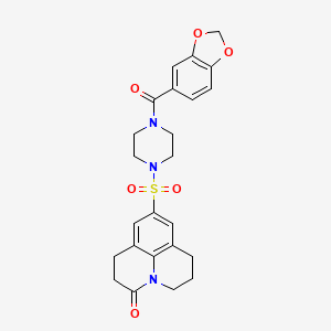 molecular formula C24H25N3O6S B2908723 9-((4-(benzo[d][1,3]dioxole-5-carbonyl)piperazin-1-yl)sulfonyl)-1,2,6,7-tetrahydropyrido[3,2,1-ij]quinolin-3(5H)-one CAS No. 946214-71-7