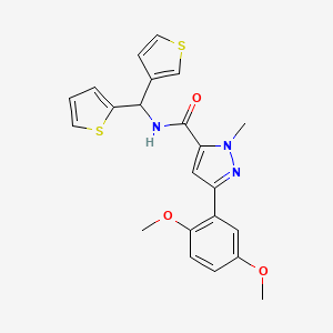 molecular formula C22H21N3O3S2 B2908731 3-(2,5-dimethoxyphenyl)-1-methyl-N-(thiophen-2-yl(thiophen-3-yl)methyl)-1H-pyrazole-5-carboxamide CAS No. 2034306-00-6