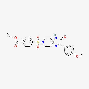 molecular formula C23H25N3O6S B2908746 Ethyl 4-((2-(4-methoxyphenyl)-3-oxo-1,4,8-triazaspiro[4.5]dec-1-en-8-yl)sulfonyl)benzoate CAS No. 1215648-81-9