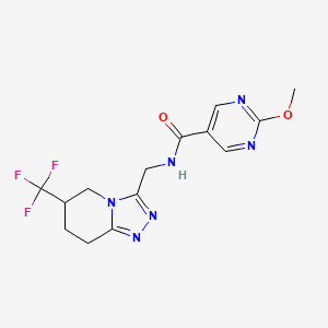 molecular formula C14H15F3N6O2 B2908750 2-methoxy-N-((6-(trifluoromethyl)-5,6,7,8-tetrahydro-[1,2,4]triazolo[4,3-a]pyridin-3-yl)methyl)pyrimidine-5-carboxamide CAS No. 2034293-94-0