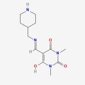 molecular formula C13H20N4O3 B2908766 1,3-dimethyl-5-{[(piperidin-4-ylmethyl)amino]methylene}pyrimidine-2,4,6(1H,3H,5H)-trione CAS No. 362495-00-9