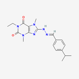 molecular formula C19H24N6O2 B2908837 (E)-1-ethyl-8-(2-(4-isopropylbenzylidene)hydrazinyl)-3,7-dimethyl-1H-purine-2,6(3H,7H)-dione CAS No. 1203443-02-0
