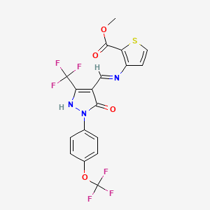 molecular formula C18H11F6N3O4S B2908904 methyl 3-({[5-oxo-1-[4-(trifluoromethoxy)phenyl]-3-(trifluoromethyl)-1,5-dihydro-4H-pyrazol-4-yliden]methyl}amino)-2-thiophenecarboxylate CAS No. 338403-30-8