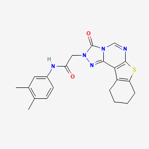 molecular formula C21H21N5O2S B2908975 N-(3,4-dimethylphenyl)-2-{5-oxo-10-thia-3,4,6,8-tetraazatetracyclo[7.7.0.0^{2,6}.0^{11,16}]hexadeca-1(9),2,7,11(16)-tetraen-4-yl}acetamide CAS No. 1358934-22-1