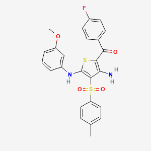 molecular formula C25H21FN2O4S2 B2908992 (3-Amino-5-((3-methoxyphenyl)amino)-4-tosylthiophen-2-yl)(4-fluorophenyl)methanone CAS No. 892291-42-8