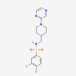 molecular formula C16H18ClFN4O2S B2909057 3-chloro-4-fluoro-N-((1-(pyrazin-2-yl)piperidin-4-yl)methyl)benzenesulfonamide CAS No. 1396849-28-7