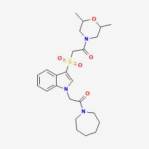 molecular formula C24H33N3O5S B2909063 1-(azepan-1-yl)-2-(3-((2-(2,6-dimethylmorpholino)-2-oxoethyl)sulfonyl)-1H-indol-1-yl)ethanone CAS No. 878061-15-5