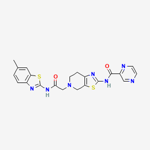 molecular formula C21H19N7O2S2 B2909083 N-(5-(2-((6-methylbenzo[d]thiazol-2-yl)amino)-2-oxoethyl)-4,5,6,7-tetrahydrothiazolo[5,4-c]pyridin-2-yl)pyrazine-2-carboxamide CAS No. 1351641-23-0