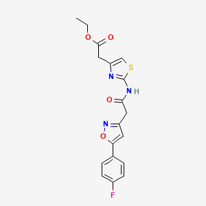 molecular formula C18H16FN3O4S B2909161 Ethyl 2-(2-(2-(5-(4-fluorophenyl)isoxazol-3-yl)acetamido)thiazol-4-yl)acetate CAS No. 952985-12-5