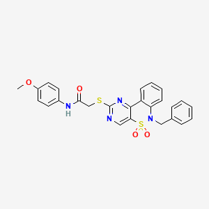 molecular formula C26H22N4O4S2 B2909165 2-((6-benzyl-5,5-dioxido-6H-benzo[c]pyrimido[4,5-e][1,2]thiazin-2-yl)thio)-N-(4-methoxyphenyl)acetamide CAS No. 932475-75-7